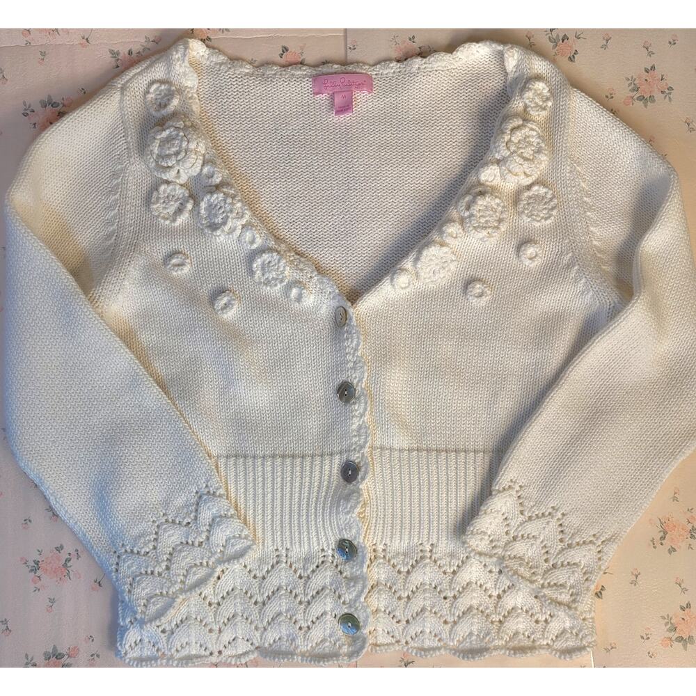 Lilly Pulitzer White cottage core crochet lace button up crop cardigan sz Med